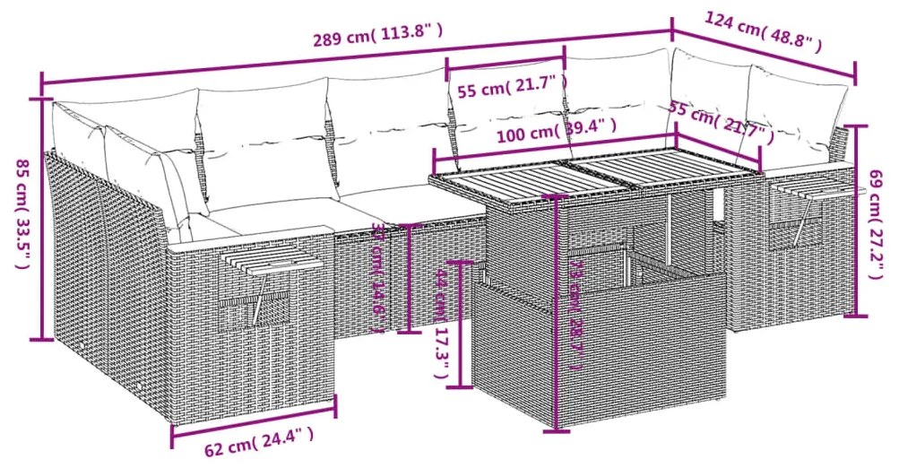 Set divano da giardino 8 pz con cuscini grigio in polyrattan