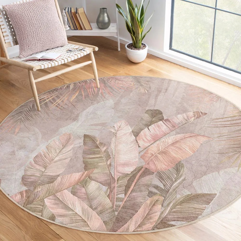 Tappeto rotondo in rosa chiaro lavabile ø 150 cm Dusty Leaves – Mila Home