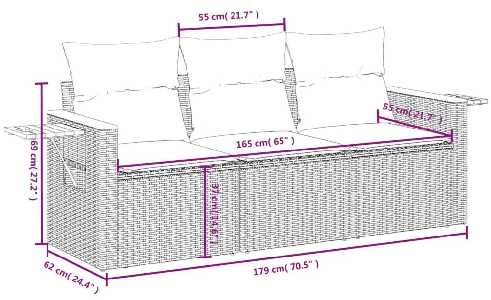 Set divani da giardino 3 pz con cuscini grigio in polyrattan