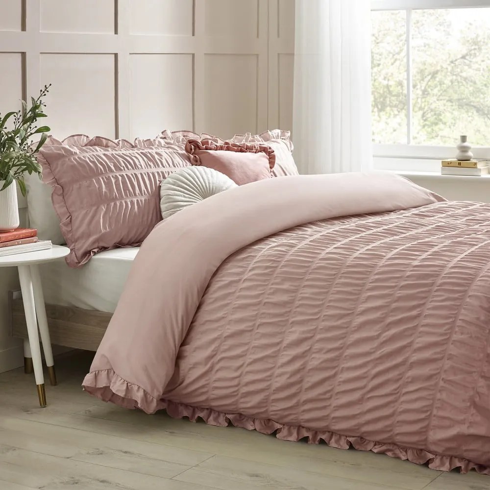 Set copripiumino e federa rosa in crêpe per letto matrimoniale e per letto esteso 230x220 cm Seersucker Frill – Catherine Lansfield