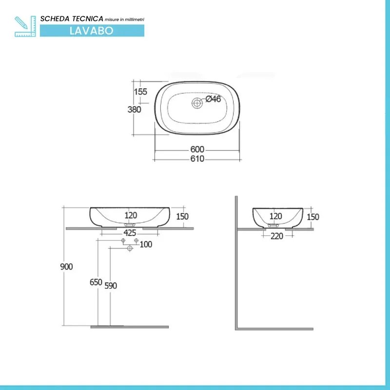 Lavabo ovale 60 cm d'appoggio bianco in ceramica Rak Illusion