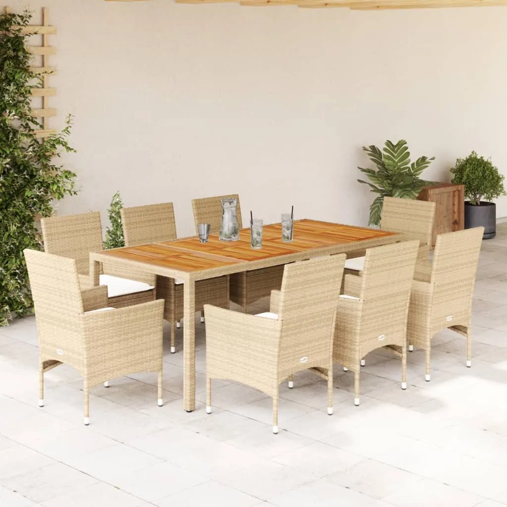 Set pranzo da giardino 9 pz con cuscini beige polyrattan acacia