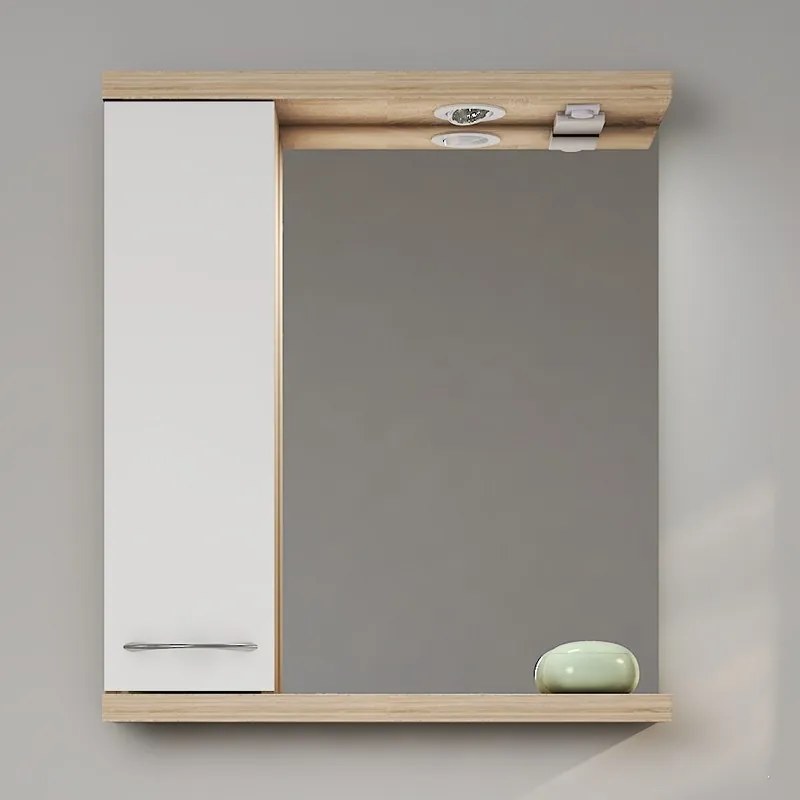 Kamalu - Specchio bagno 55 cm contenitore bicolore bianco e legno chiaro | LAC-ESTIA-55