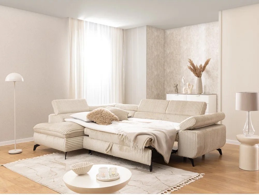 Divano angolare beige (con penisola a sinistra/a L) con rivestimento in velluto a coste Marbeya – Ropez