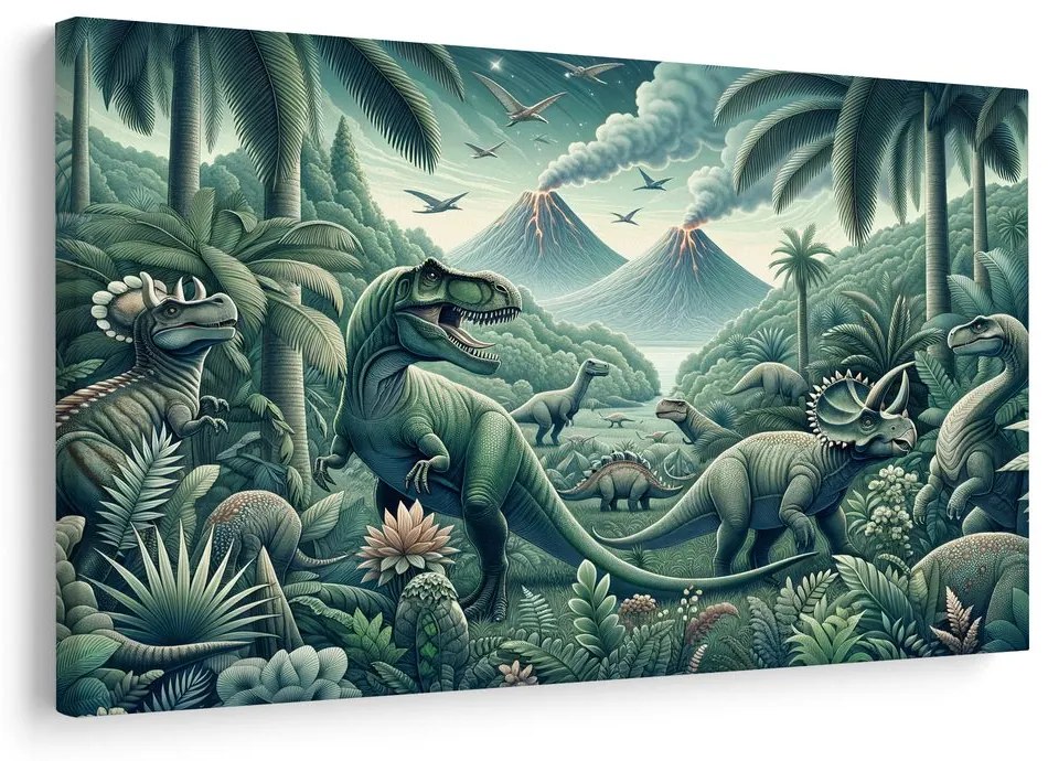 Quadro su tela – Dinosauri nella giungla con vulcani