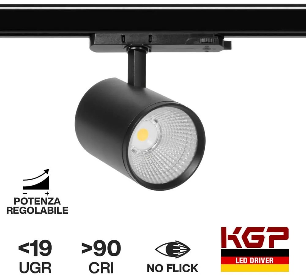 Faro LED 12W-40W Trifase Nero, CRI90 UGR19, 45° - KGP driver Colore Bianco Naturale 4.000K
