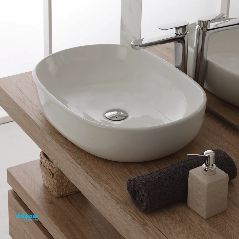 Lavabo D'Appoggio In Ceramica Bianco Lucido Da 60 cm