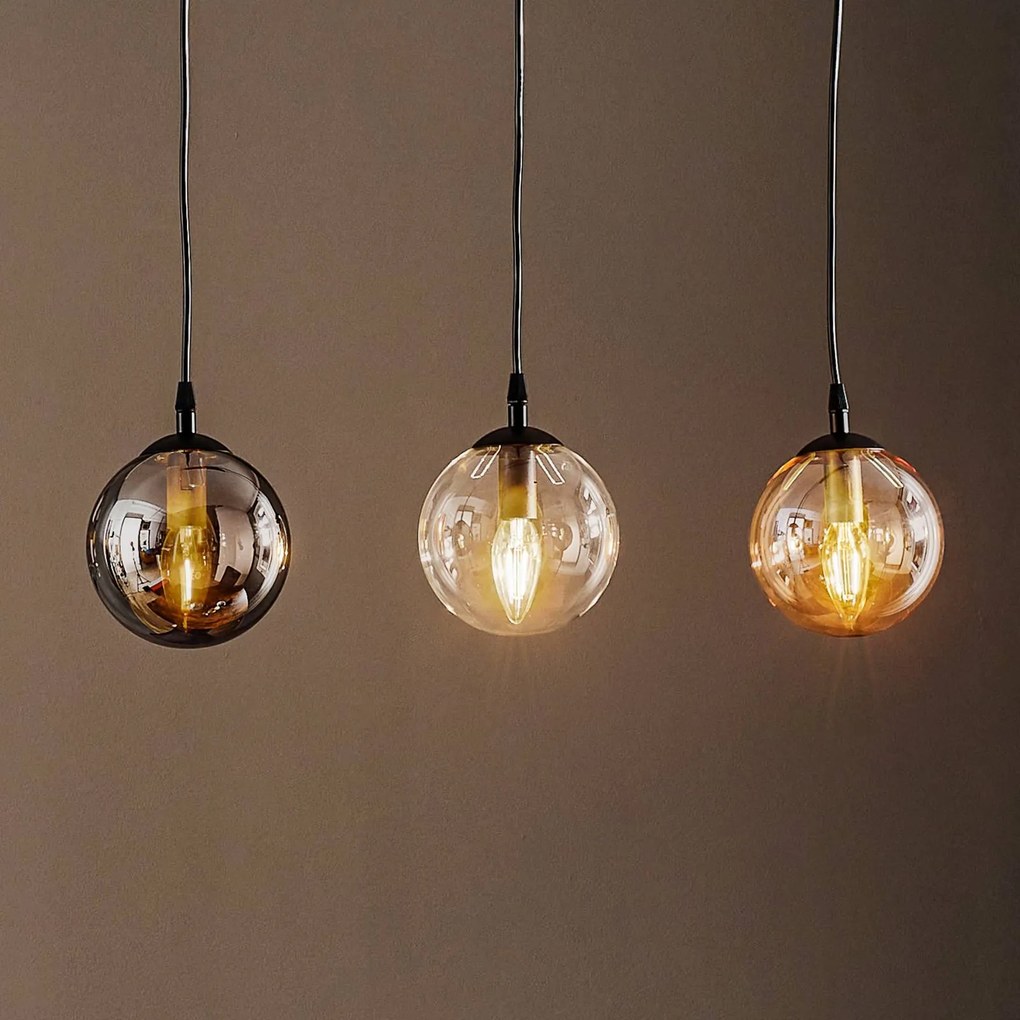 EMIBIG LIGHTING Lampada a sospensione Glassy, a 3 luci, diritta, grafite/ambra/trasparente,