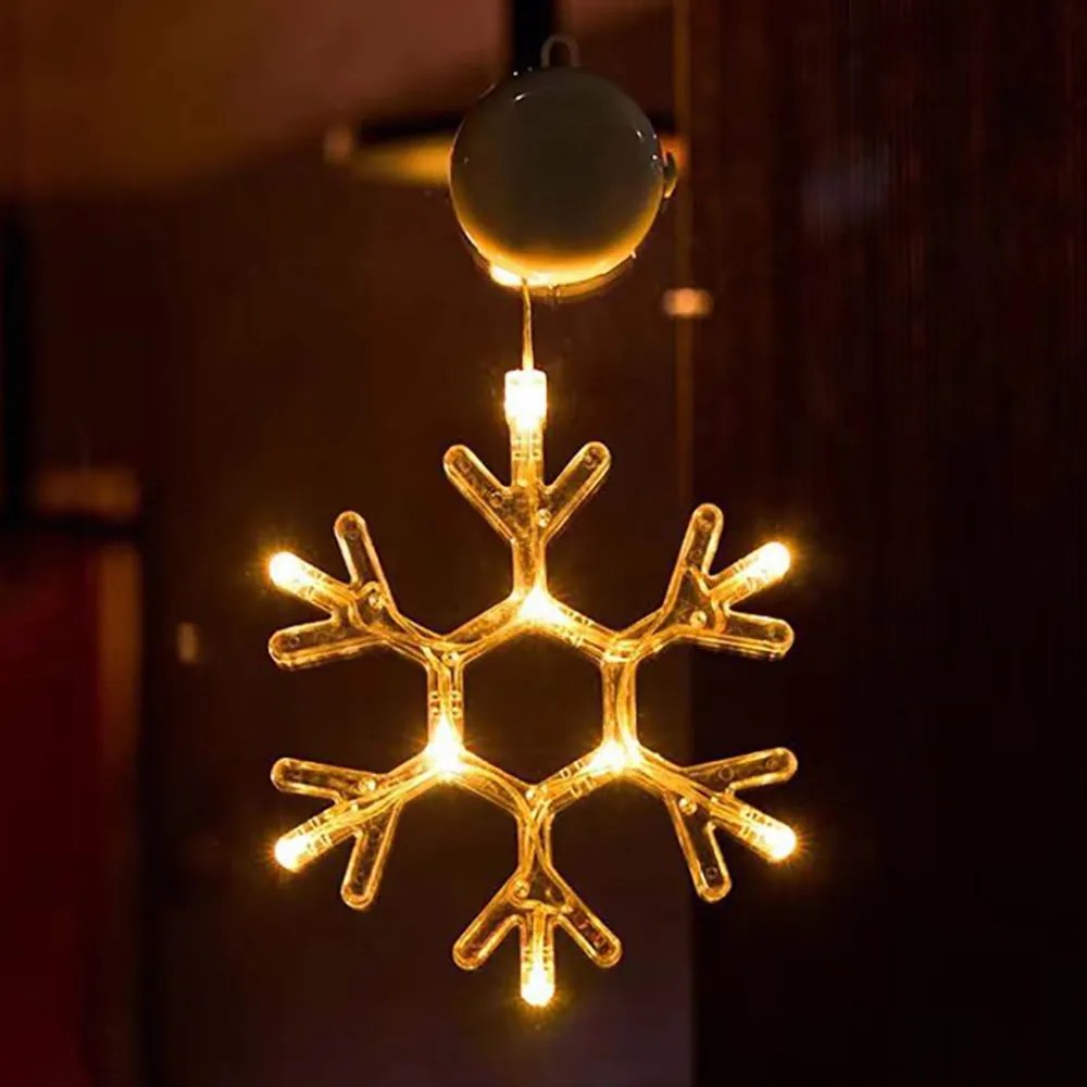 Decorazione per finestre Fiocco di neve natalizio luminoso Led a ciondolo con ventosa Bianco caldo a batteria Wisdom