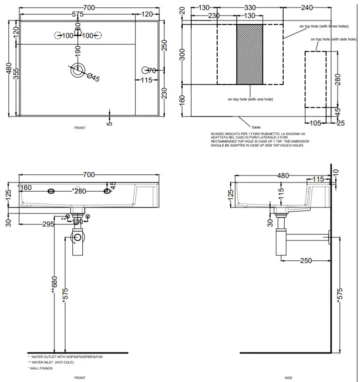 Cielo Enjoy Lavabo 70x48 Sospeso O Da Appoggio Rettangolare Con Troppopieno Bianco lucido