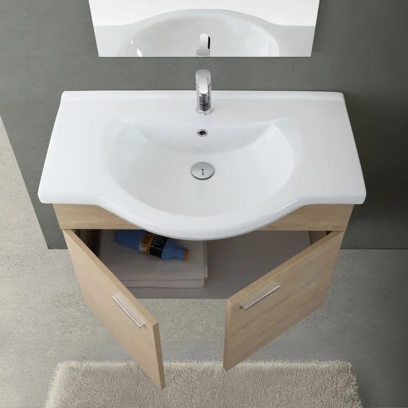 Mobile bagno sospeso 80 cm Rovere Dolomite completo di lavabo e specchio Desya