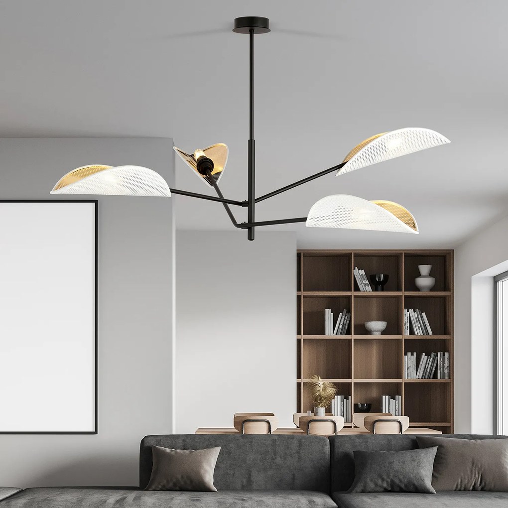 Lampadario 4 Luci Eridano In Acciao Nero E Bianco Oro Con Bracci Mobili