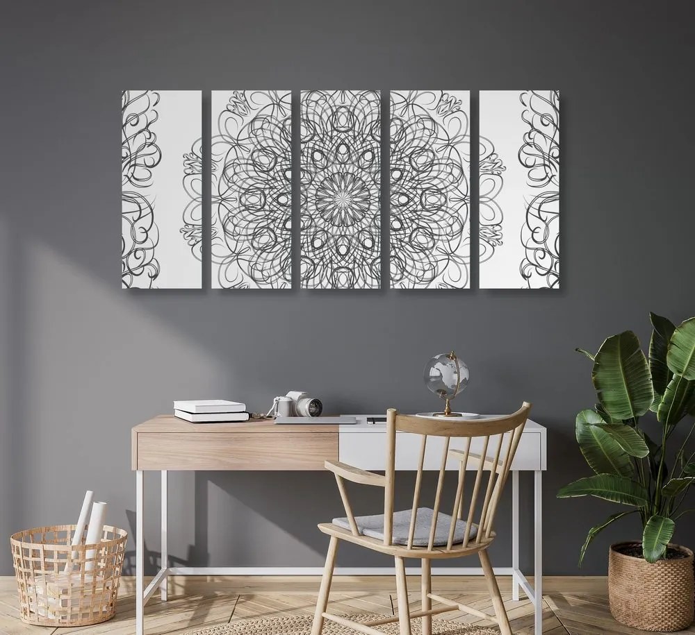 Quadri 5 pezzi – Mandala floreale astratta in bianco e nero