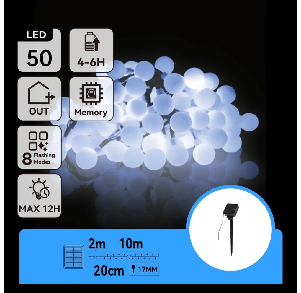 Aigostar - LED Solare catena decorativa 50xLED/8 funzioni 12m IP65 bianco freddo