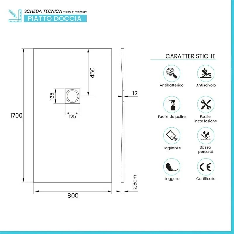 Piatto doccia 80x170 in marmoresina effetto pietra beige riducibile Ten