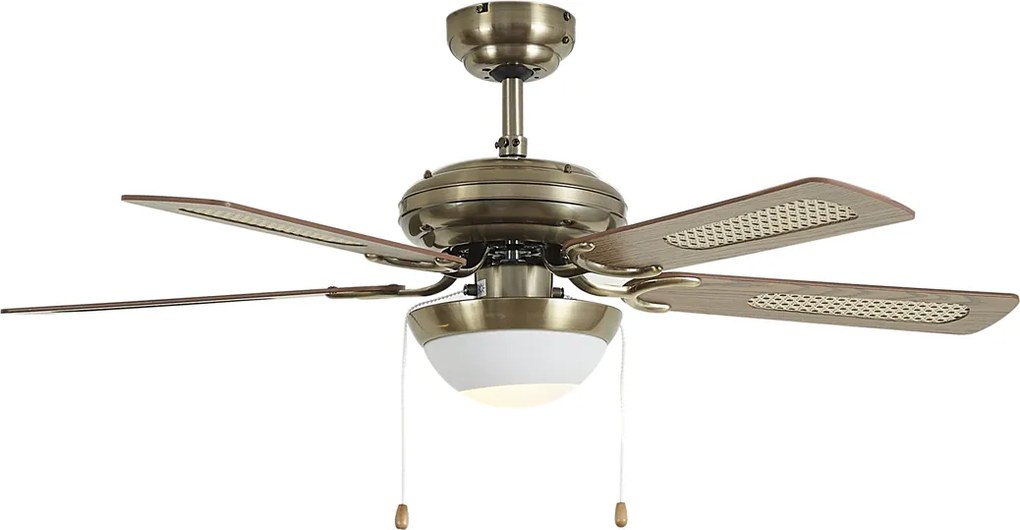 Ventilatore da soffitto in ottone con stampa legno e rattan 108cm con interruttore a tirante - Mistral Majas
