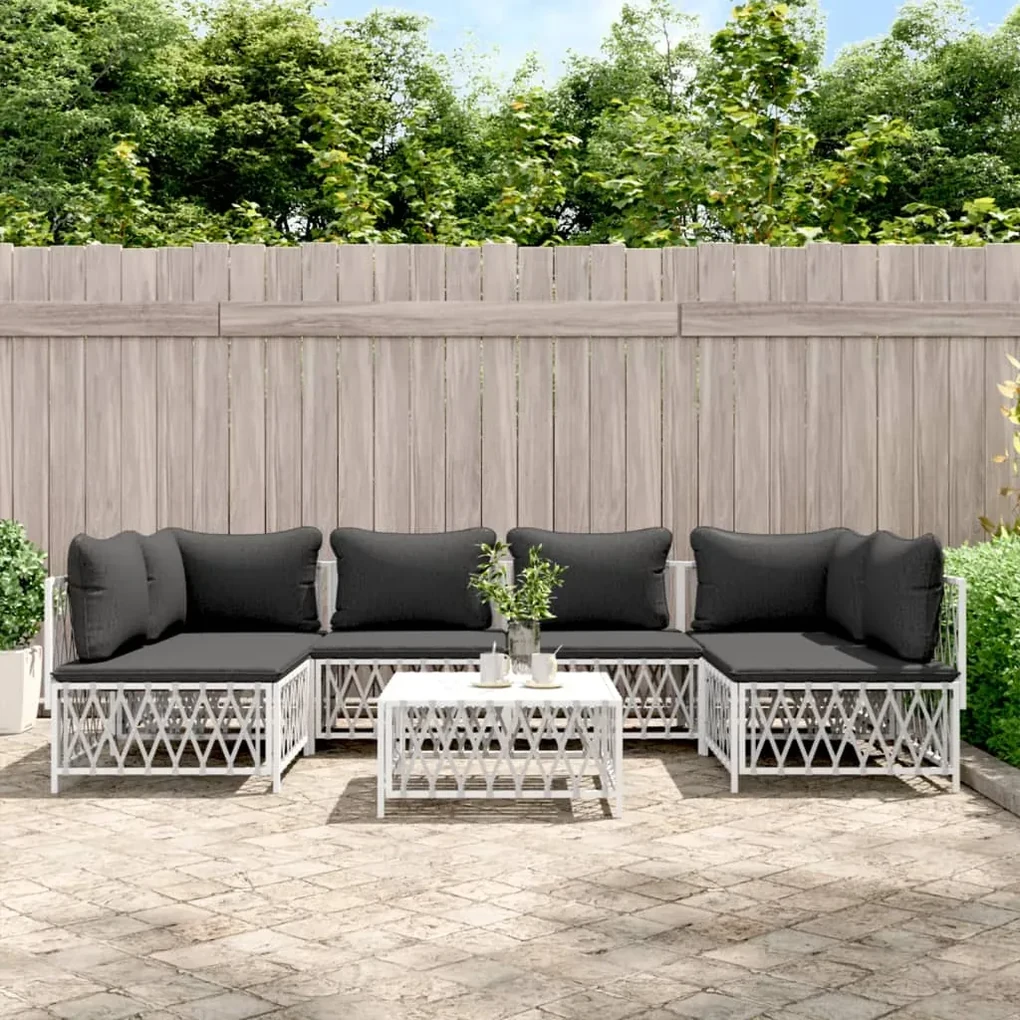 Set salotto da giardino 7 pz con cuscini in acciaio bianco