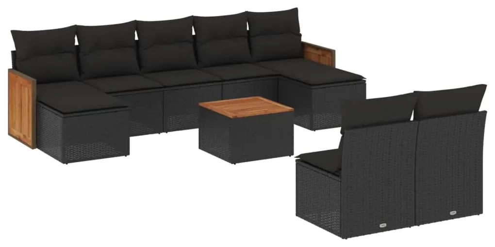 Set divani da giardino 10pz con cuscini in polyrattan nero