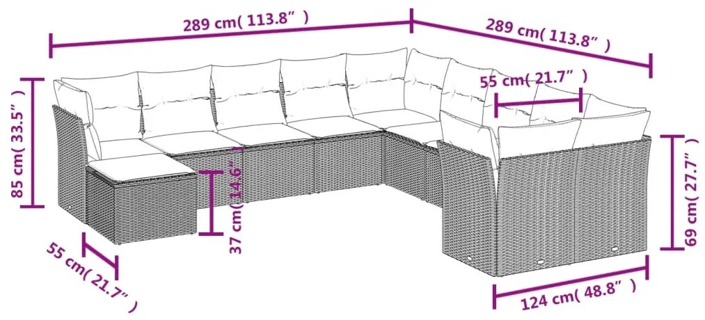 Set divani da giardino 11 pz con cuscini in polyrattan nero