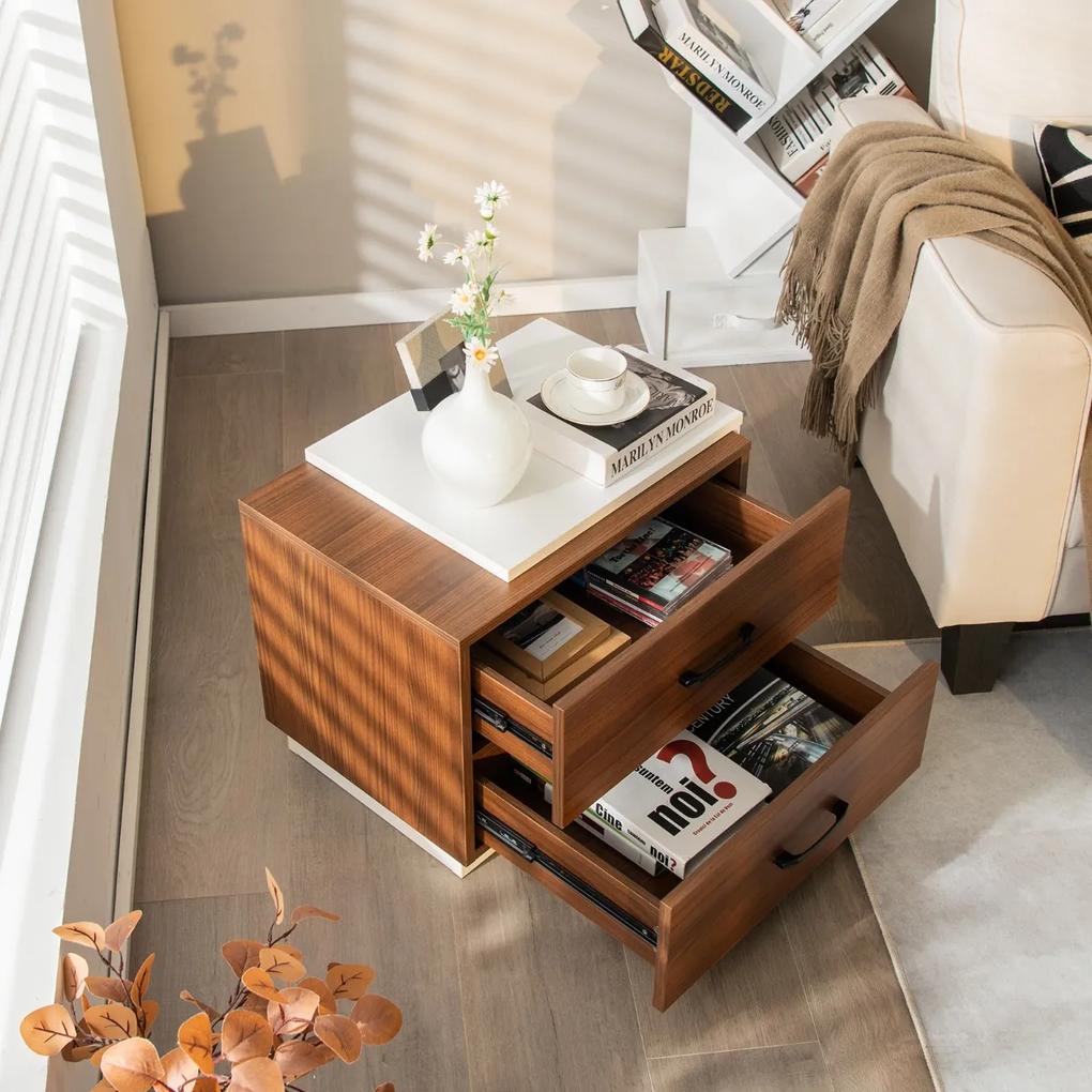 Costway Comodino con 2 cassetti venatura del legno naturale, Tavolino moderno da camera da letto Noce e Bianco