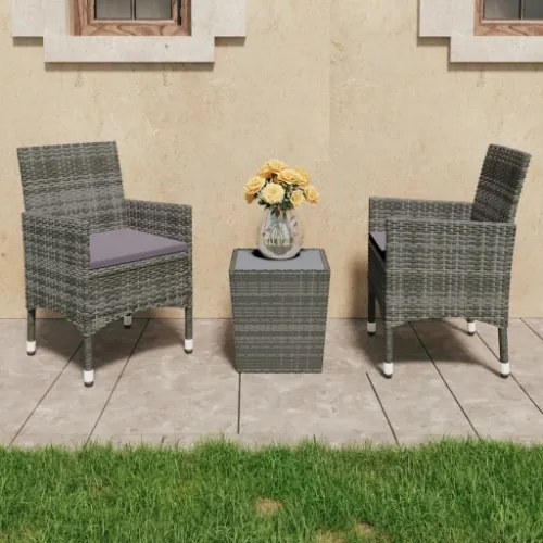 Set Bistrot Giardino 3 pz Polyrattan e Vetro Temperato Grigio