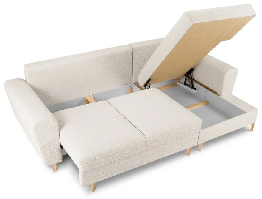 Divano angolare beige allungabile e con contenitore (con penisola a destra/con chaise lounge) con rivestimento in bouclé Kyoto – Cosmopolitan Design