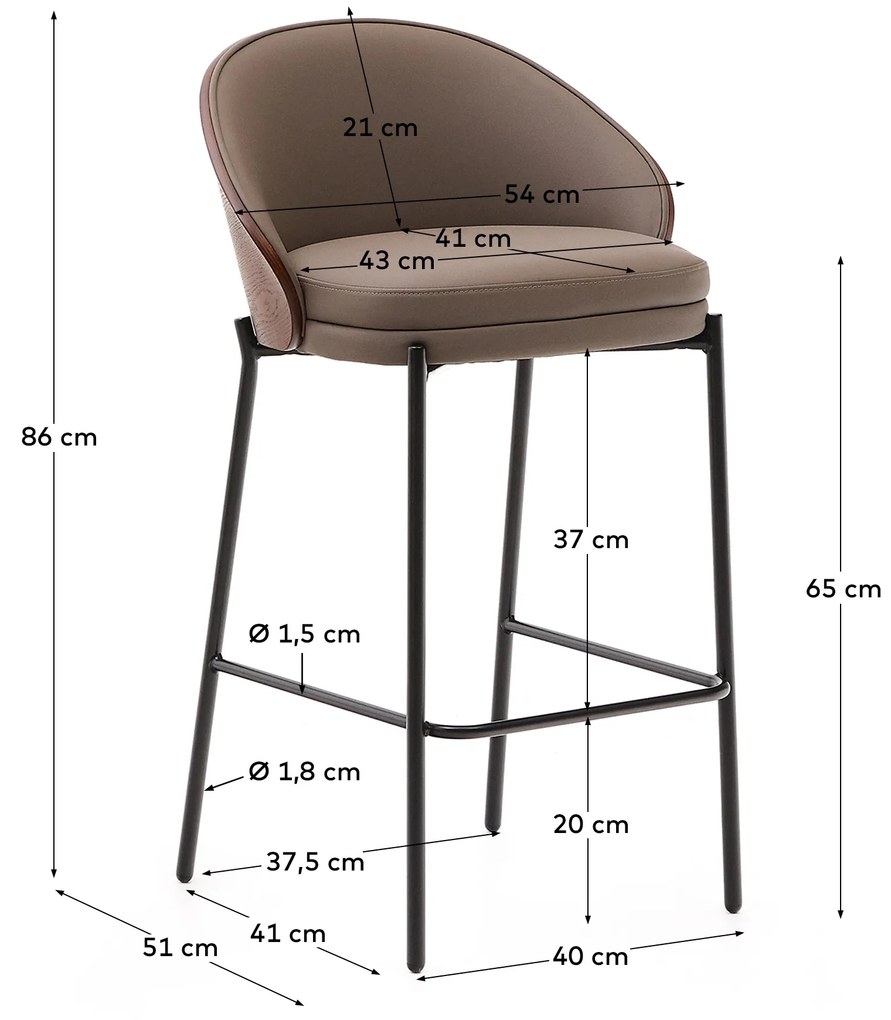 Kave Home - Sgabello Eamy di pelle sintetica marrone, impiallacciatura in frassino finitura noce e met