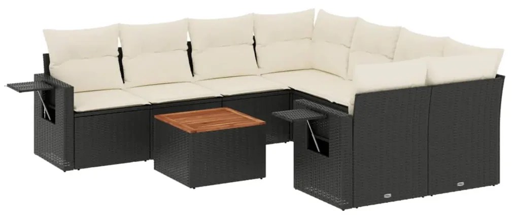 Set divani da giardino 9 pz con cuscini nero in polyrattan