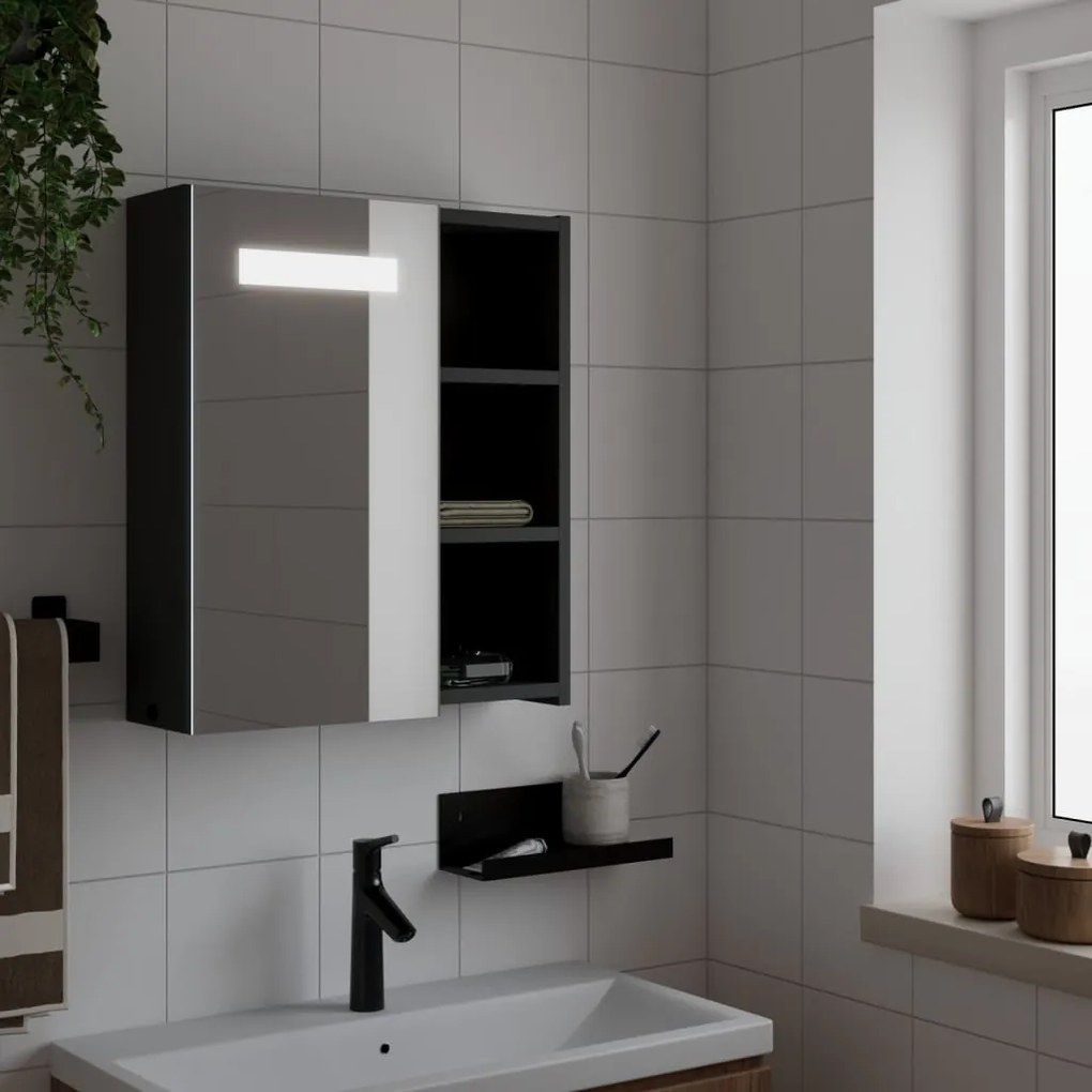 Armadietto bagno con specchio e led nero 45x13x52 cm