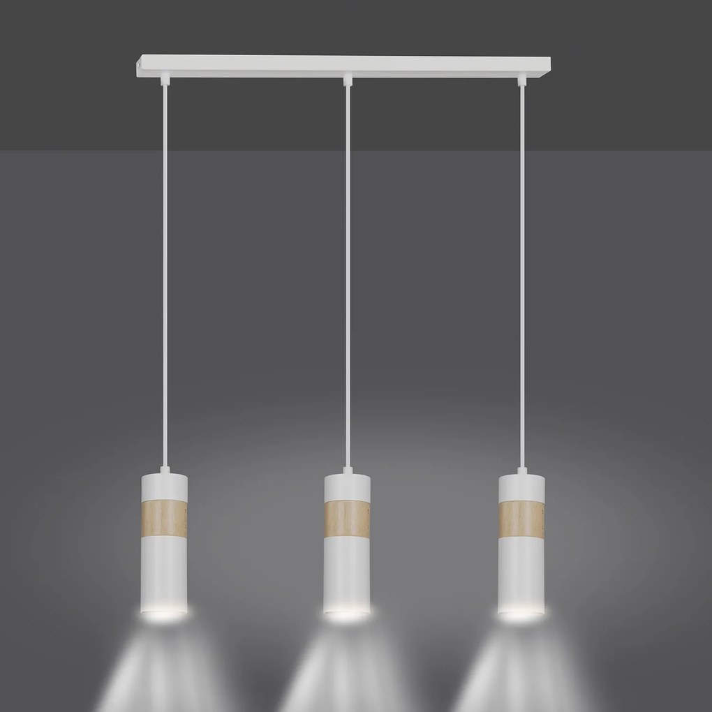 Lampadario 3 Luci Change In Acciaio Bianco A Cilindro Con Legno Naturale