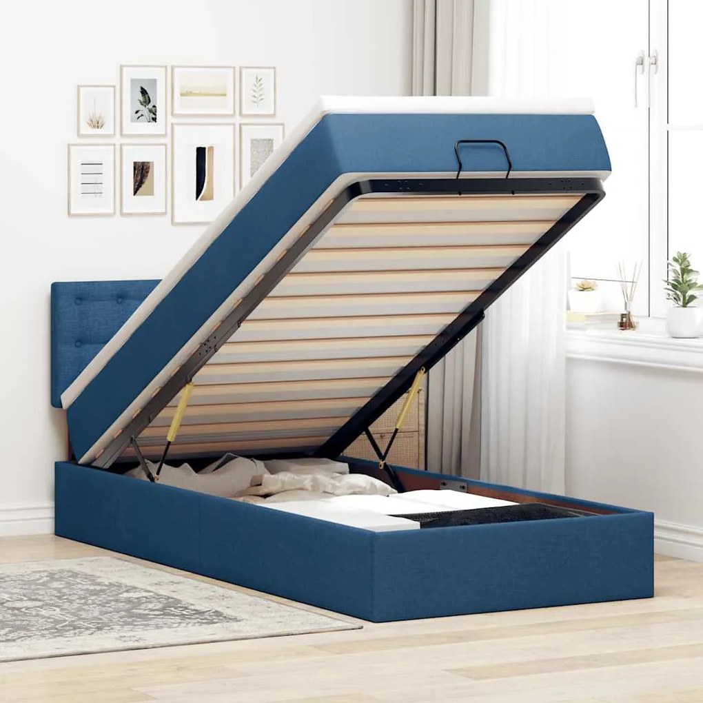 Struttura Letto Pouf Con Materasso Blu 90x190 Cm İn Tessuto /