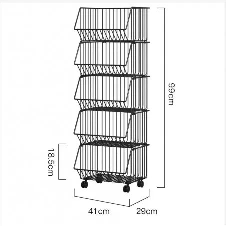 Scaffale nero con 5 cestini su ruote