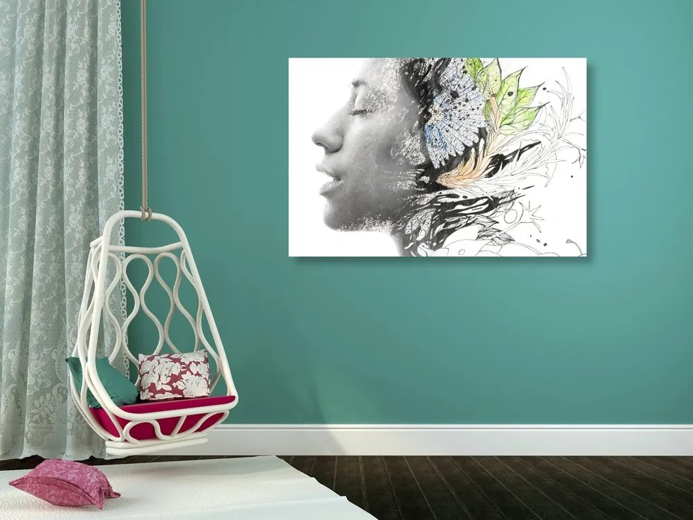 Quadro su tela – Donna con fiori dipinti