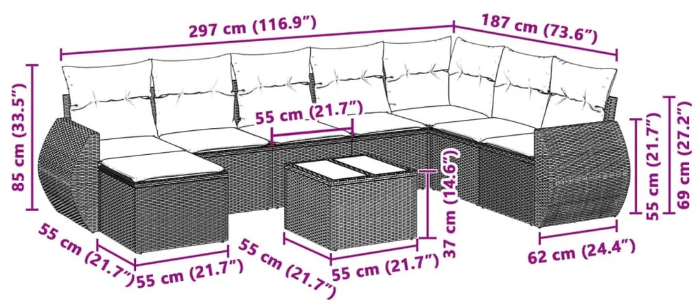 Set divano da giardino 8pz con cuscini grigio chiaro polyrattan