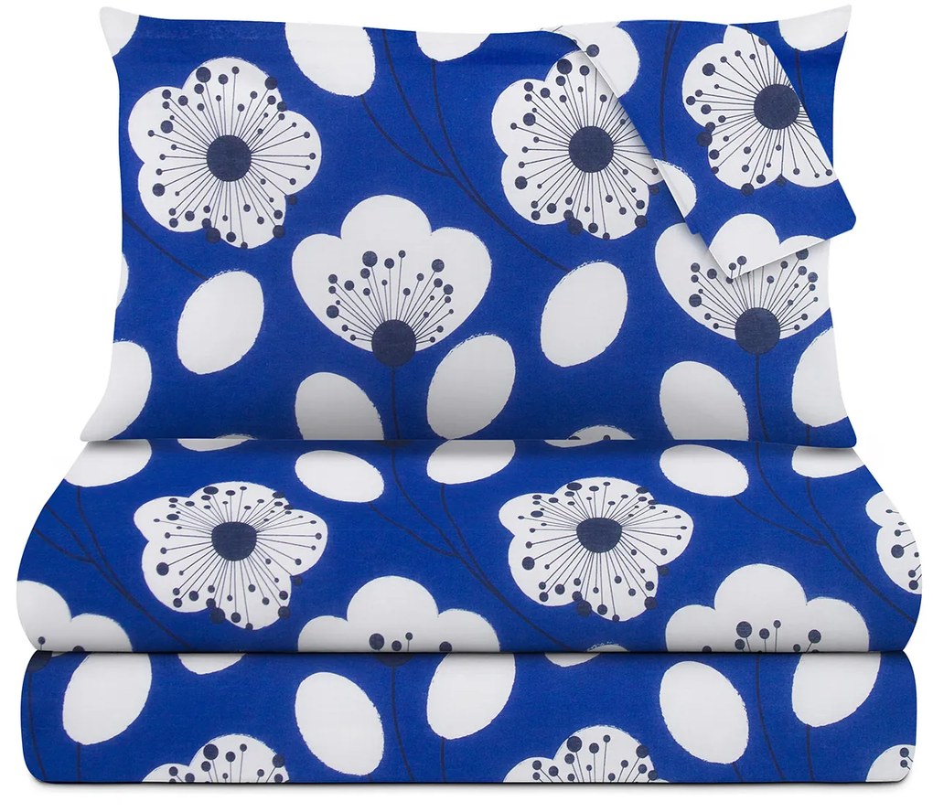 Completo letto matrimoniale blu fiori bianchi