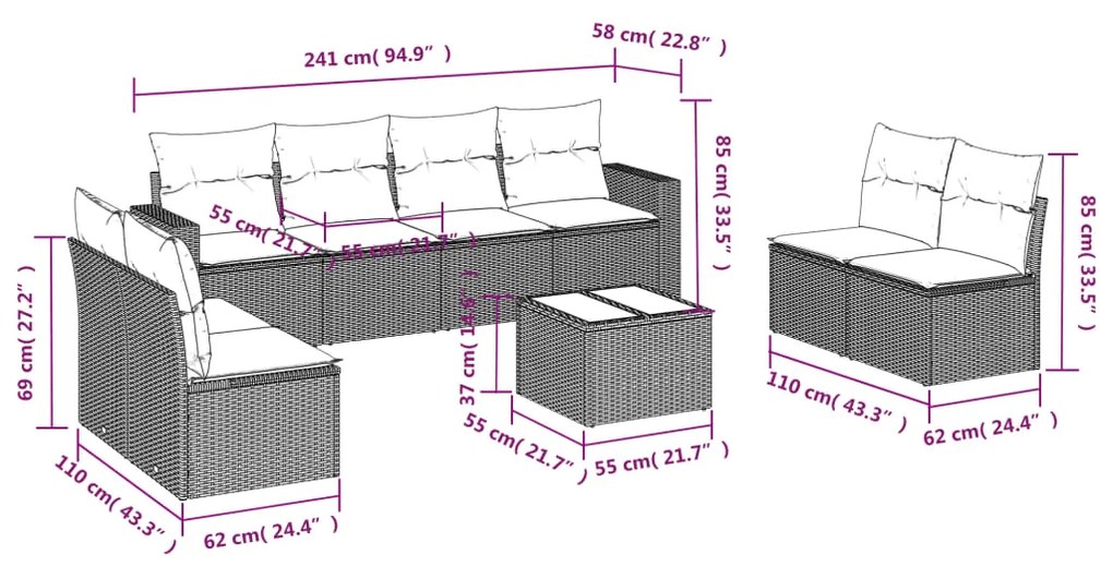 Set divano da giardino 9pz con cuscini grigio chiaro polyrattan