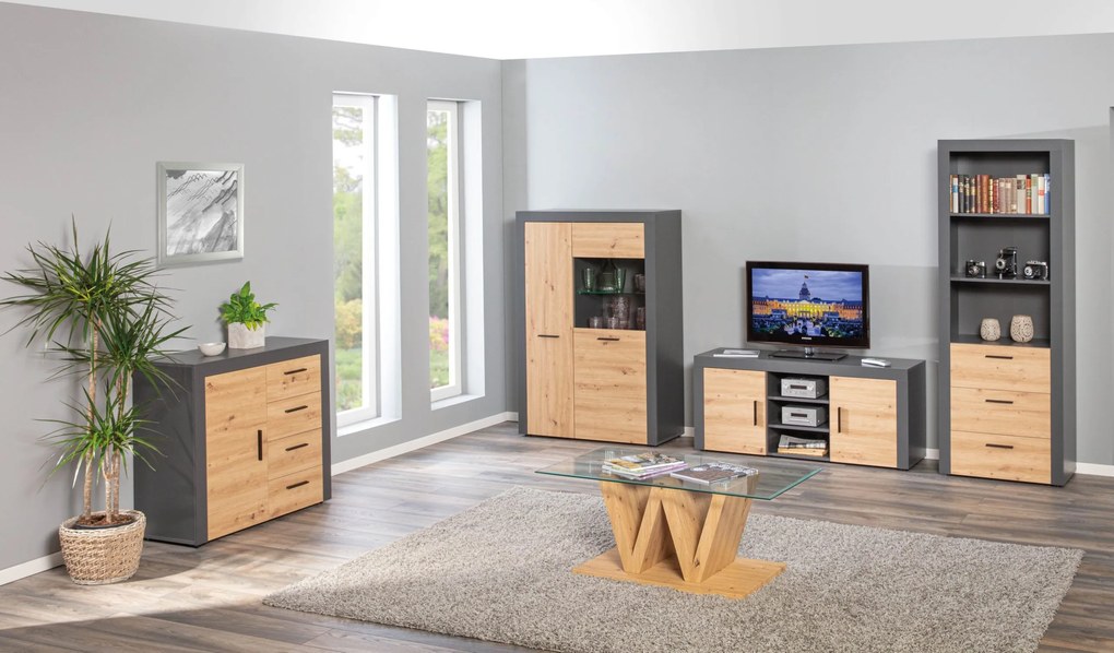 Credenza 2 ante 4 cassetti in laminato antracite e quercia