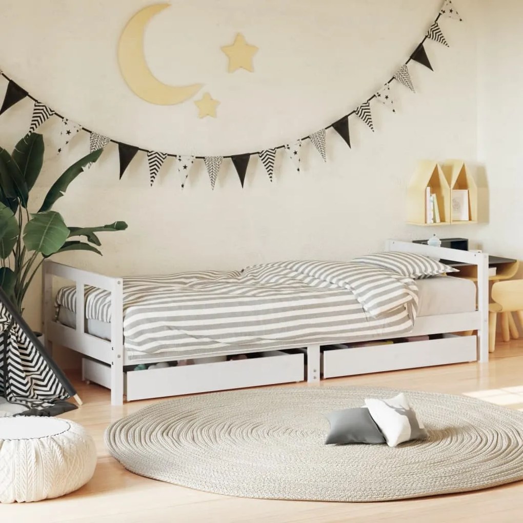 Giroletto Bambini Con Cassetti Bianco 80x200cm Massello Di Pino /