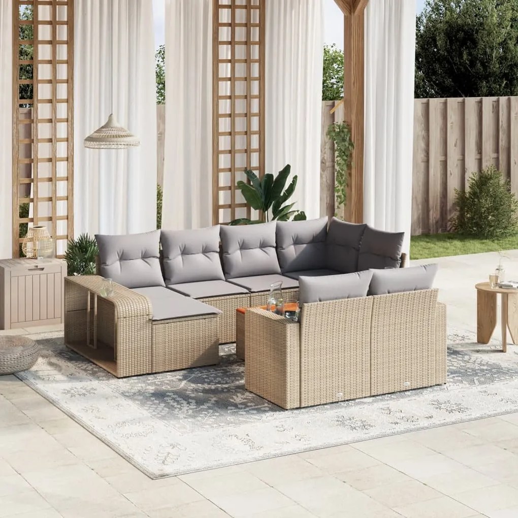 Set divani da giardino 11 pz con cuscini beige in polyrattan