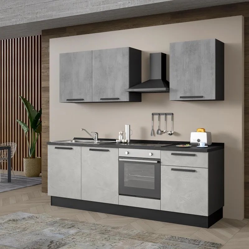 Cucina montata Dora bianco e grigio chiaro, lavello a sinistra, L.240 cm, completa di: cappa a camino, piano cottura a induzione e forno