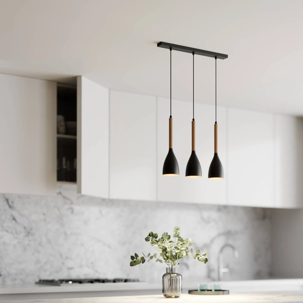 Luminex Lampada a sospensione Muza a 3 luci lunga nera/legno chiaro