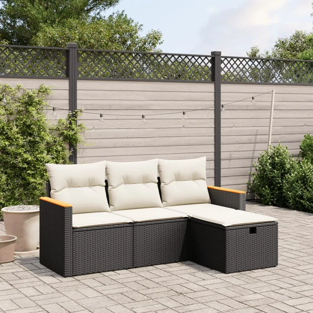 Set divani da giardino 4 pz con cuscini nero in polyrattan