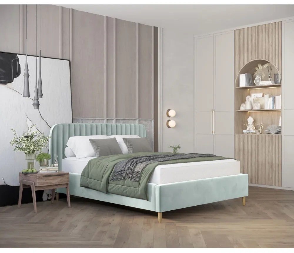 Letto matrimoniale imbottito color menta con spazio contenitivo e rete 180x200 cm Noto - Maison de Rêve