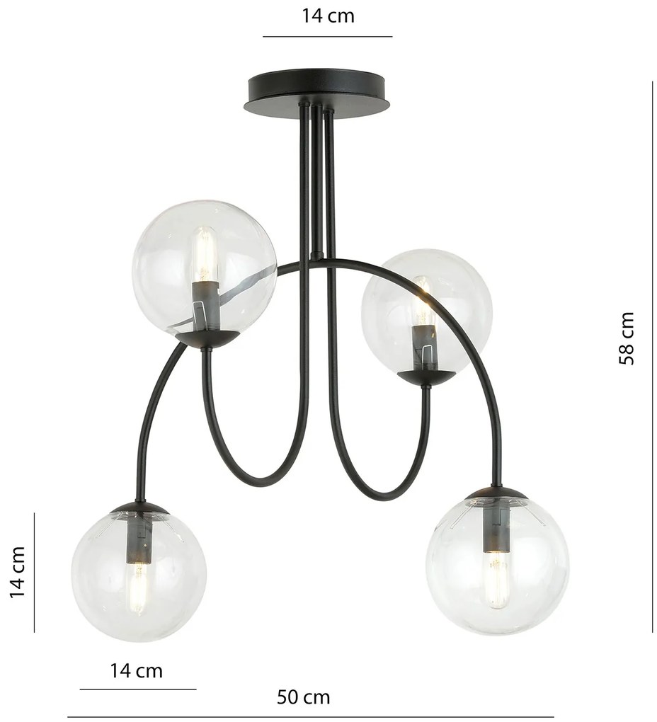 Plafoniera Moderna Utu 4 Luci In Acciaio Nero E Vetro Trasparente 50 Cm