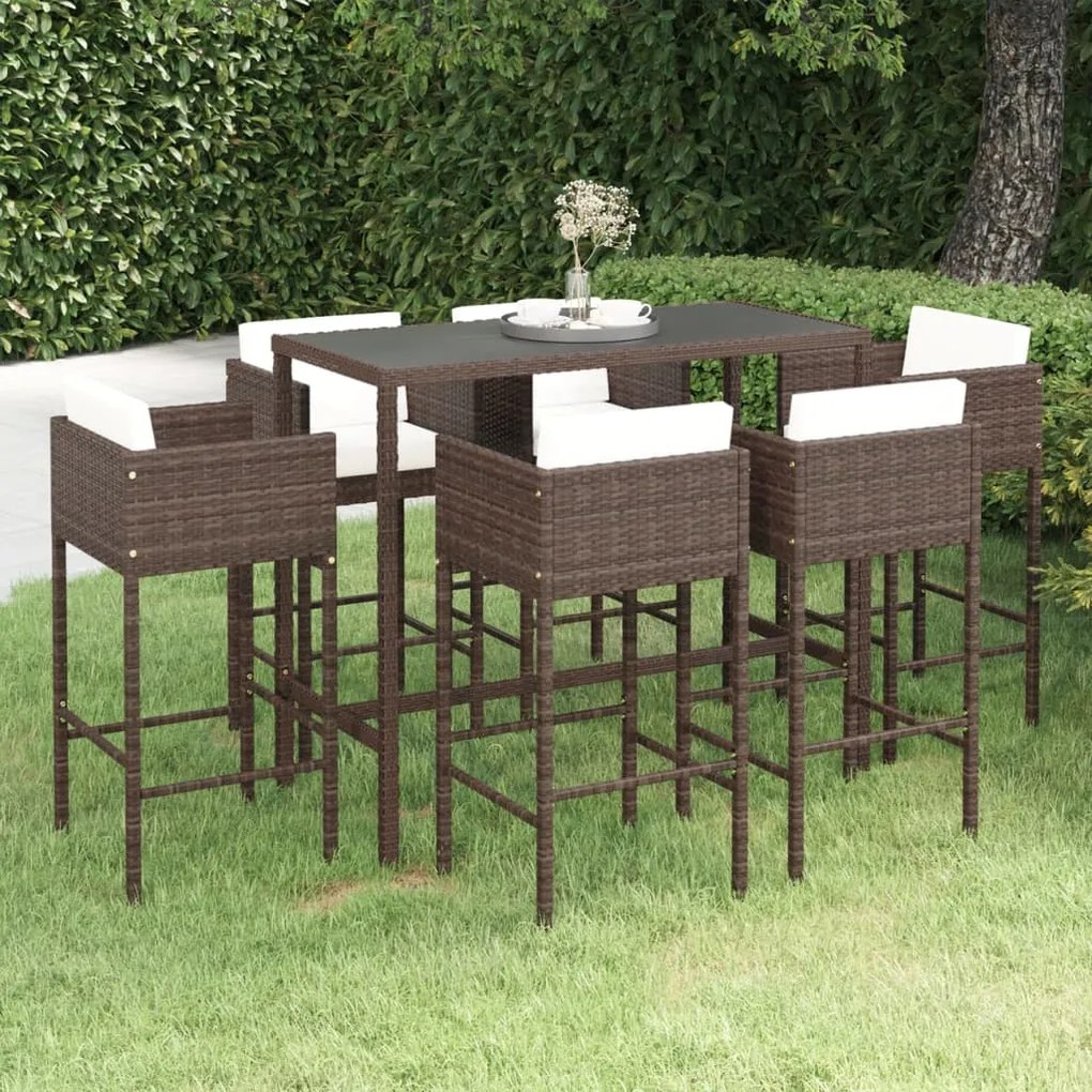 Set da bar da giardino 7 pz con cuscini in polyrattan marrone