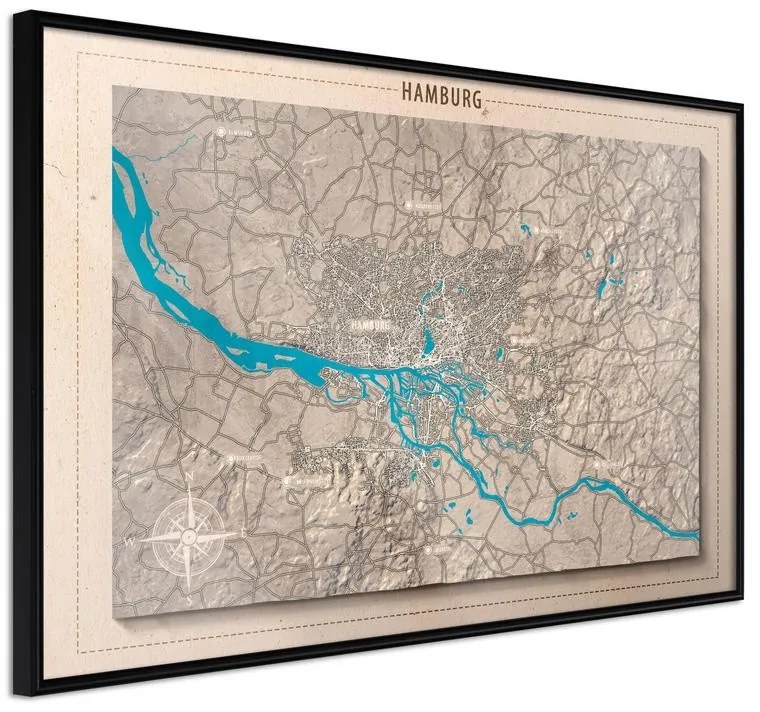 Poster  Raised Relief Map: Hamburg  Cornice Quadri Cornice nera, Larghezza x Altezza Home decor 45x30