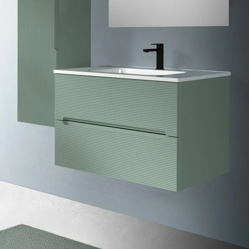Mobile bagno sospeso 80 verde cannettato 2 cassetti lavabo e specchio Rigo