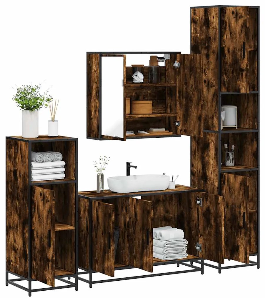 Set Mobili Da Bagno 4 Pz Rovere Fumo İn Legno Multistrato /