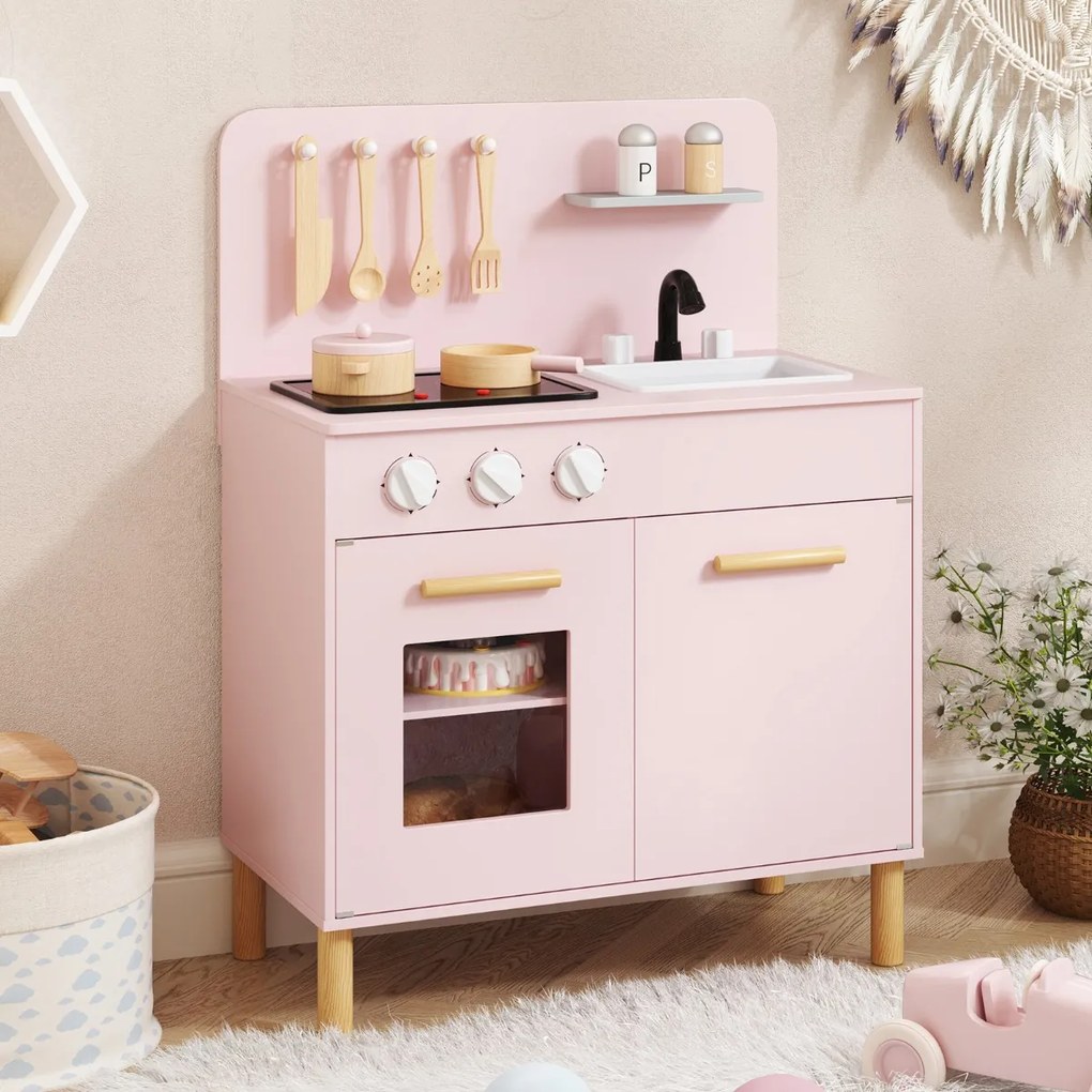 Costway Set da cucina per bambini in legno con luci e accessori da cucina, Gioco educativo con spazio di archiviazione 3 Colori