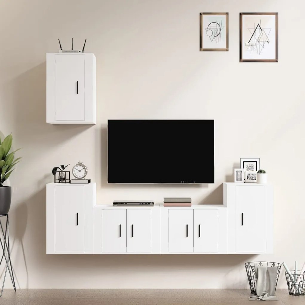 Set Di Mobili Porta Tv 5 Pz Bianco İn Legno Multistrato /